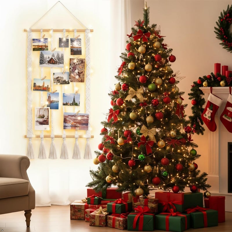 Dahey Macrame Hanging Photo Display Dorm Wall Decor Boho Picture Frames Collage for Picture String with Clips Photo Hanger with Lights Artwork for Teen Girl College Living Room Bedroom Christmas Gift - Image 2